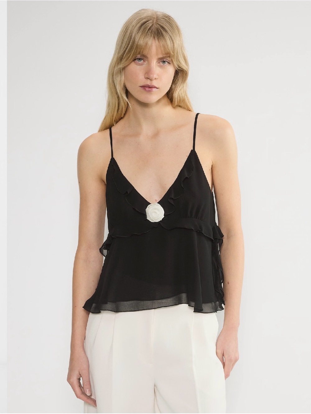 Aritzia Blossom Black Ruffle Camisole Flower Spaghetti Strap XXS Y2k